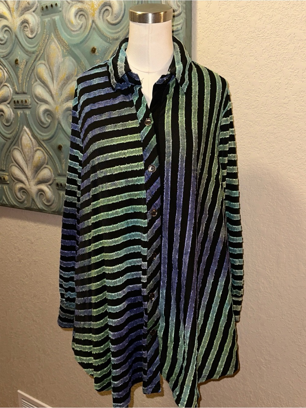 Calessa Womens XL Striped Tunic Button Front Blue Green Purple Lagenlook Artsy - Picture 2 of 11
